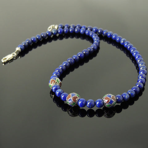 Men's Women Lapis Lazuli Necklace with 925 Sterling Silver Hand-painted Beads Gemstone DiyNoion Handmade NK131
