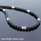 Men's Women Bright Black Onyx Sterling Silver Necklace Gemstone Beads Clasp DiyNoion Handmade NK114