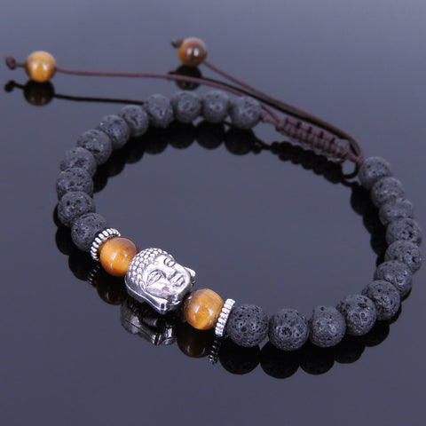 Men's Women Lava Rock Brown Tiger Eye Adjustable Braided Bracelet Tibetan Silver Sakyamuni Buddha Head Bead Buddhism DiyNotion T214