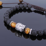 Men's Women Lava Rock Brown Tiger Eye Adjustable Braided Bracelet Tibetan Silver Sakyamuni Buddha Head Bead Buddhism DiyNotion T214