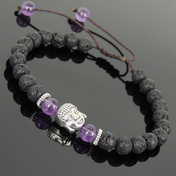 Men's Women Lava Rock Amethyst Adjustable Braided Bracelet Tibetan Silver Sakyamuni Buddha Head Bead Buddhism DiyNotion T221
