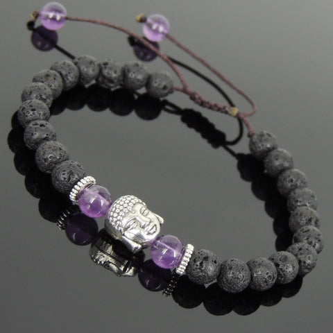 Men's Women Lava Rock Amethyst Adjustable Braided Bracelet Tibetan Silver Sakyamuni Buddha Head Bead Buddhism DiyNotion T221