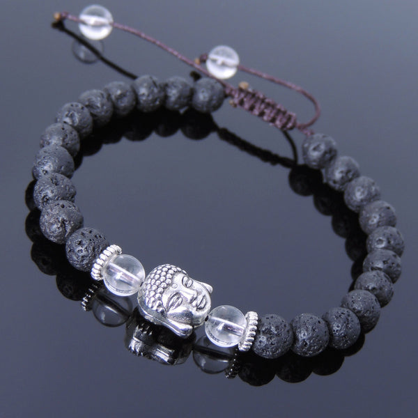 Men's Women Lava Rock White Crystal Adjustable Braided Bracelet Tibetan Silver Sakyamuni Buddha Head Bead Buddhism DiyNotion T222