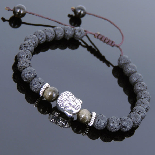 Men's Women Lava Rock Golden Obsidian Adjustable Braided Bracelet Tibetan Silver Sakyamuni Buddha Head Bead Buddhism DiyNotion T223