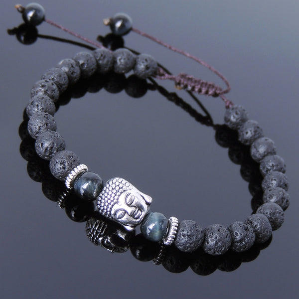 Men's Women Lava Rock Blue Tiger Eye Adjustable Braided Bracelet Tibetan Silver Sakyamuni Buddha Head Bead Buddhism DiyNotion T229