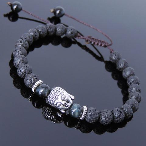 Men's Women Lava Rock Blue Tiger Eye Adjustable Braided Bracelet Tibetan Silver Sakyamuni Buddha Head Bead Buddhism DiyNotion T229
