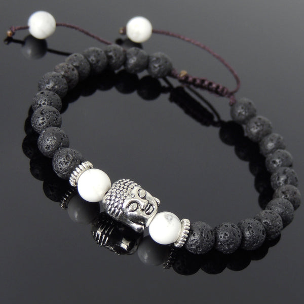 Men's Women Lava Rock White Howlite Adjustable Braided Bracelet Tibetan Silver Sakyamuni Buddha Head Bead Buddhism DiyNotion T230