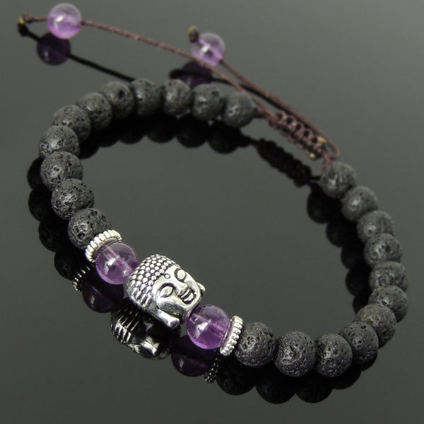 Men's Women Lava Rock Amethyst Adjustable Braided Bracelet Tibetan Silver Sakyamuni Buddha Head Bead Buddhism DiyNotion T234