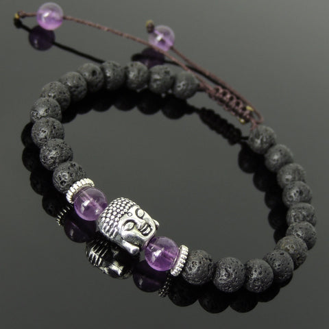 Men's Women Lava Rock Amethyst Adjustable Braided Bracelet Tibetan Silver Sakyamuni Buddha Head Bead Buddhism DiyNotion T234
