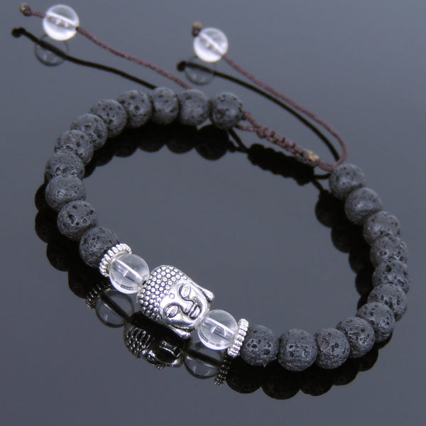 Men's Women Lava Rock White Crystal Adjustable Braided Bracelet Tibetan Silver Sakyamuni Buddha Head Bead Buddhism DiyNotion T235