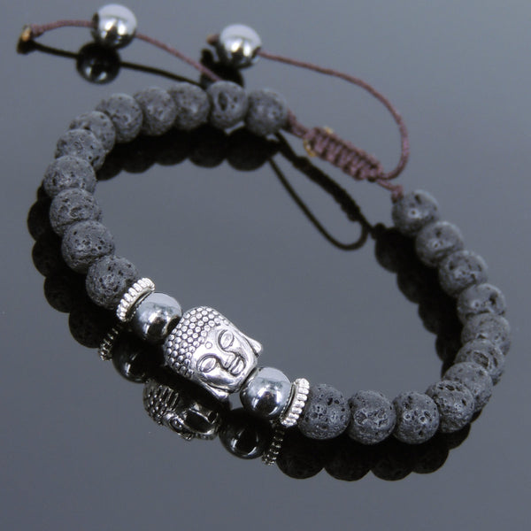 Men's Women Lava Rock Hematite Adjustable Braided Bracelet Tibetan Silver Sakyamuni Buddha Head Bead Buddhism DiyNotion T237