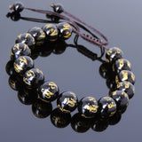 Men's Women Bright Black Onyx Adjustable Braided Bracelet with Hot Stamping OM Sign DiyNotion BR782