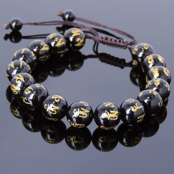 Men's Women Bright Black Onyx Adjustable Braided Bracelet with Hot Stamping OM Sign DiyNotion BR782