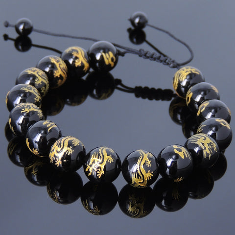 Men's Women Bright Black Onyx Adjustable Braided Bracelet with Hot Stamping Dragon Sign DiyNotion BR795