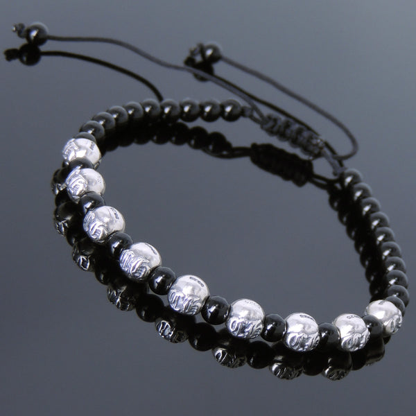 Men's Women Bright Black Onyx Adjustable Braided Bracelet 925 Sterling Silver Celtic Beads DiyNotion BR797