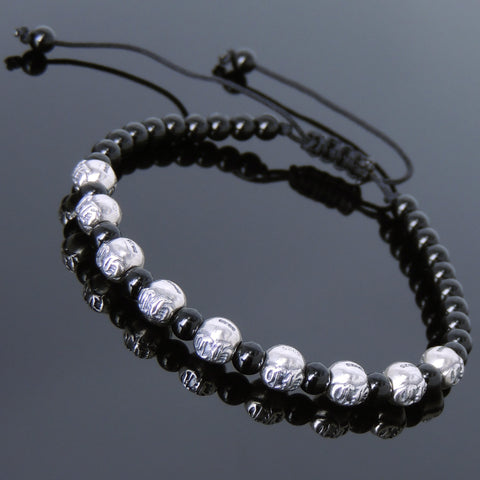 Men's Women Bright Black Onyx Adjustable Braided Bracelet 925 Sterling Silver Celtic Beads DiyNotion BR797