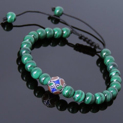 Men's Women Malachite Adjustable Braided Bracelet 925 Sterling Silver Hand-painted Bead DiyNotion BR798