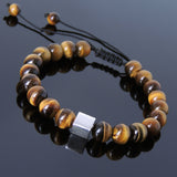 Men's Women Brown Tiger Eye Adjustable Braided Bracelet 925 Sterling Silver Cube Bead DiyNotion BR801