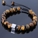Men's Women Brown Tiger Eye Adjustable Braided Bracelet 925 Sterling Silver Cube Bead DiyNotion BR801