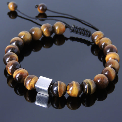 Men's Women Brown Tiger Eye Adjustable Braided Bracelet 925 Sterling Silver Cube Bead DiyNotion BR801