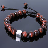 Men's Women Red Tiger Eye Adjustable Braided Bracelet 925 Sterling Silver Cube Bead DiyNotion BR802