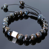 Men's Women Rare Mixed Blue Tiger Eye Adjustable Braided Bracelet 925 Sterling Silver Cube Bead DiyNotion BR803