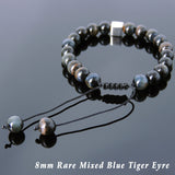 Men's Women Rare Mixed Blue Tiger Eye Adjustable Braided Bracelet 925 Sterling Silver Cube Bead DiyNotion BR803