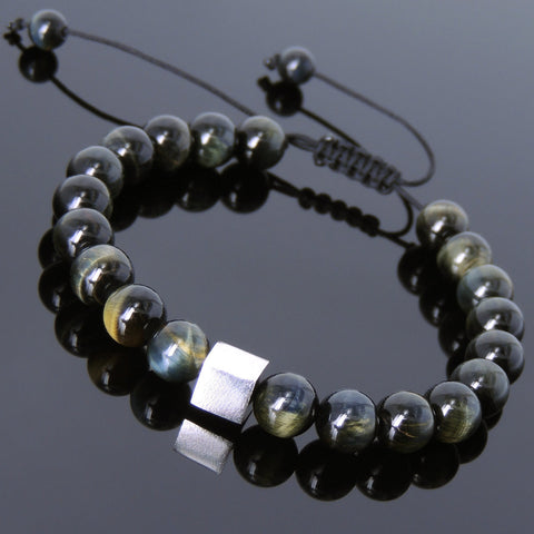 Men's Women Brown Blue Tiger Eye Adjustable Braided Bracelet 925 Sterling Silver Cube Bead DiyNotion BR804