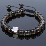 Men's Women Smoky Quartz Adjustable Braided Bracelet 925 Sterling Silver Cube Bead DiyNotion BR805