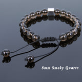 Men's Women Smoky Quartz Adjustable Braided Bracelet 925 Sterling Silver Cube Bead DiyNotion BR805