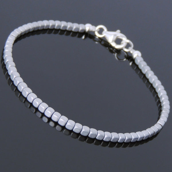 Men's Women Matte Hematite 925 Sterling Silver Bracelet 2mm Cube Beads Gemstone DiyNotion Handmade BR716