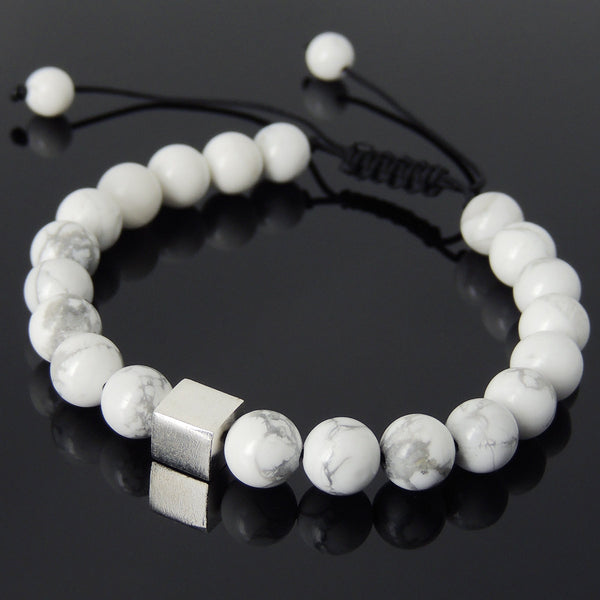 Men's Women White Howlite Adjustable Braided Bracelet 925 Sterling Silver Cube Bead DiyNotion BR807