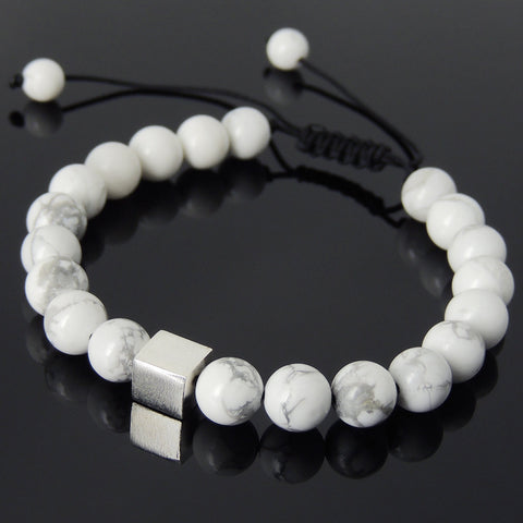 Men's Women White Howlite Adjustable Braided Bracelet 925 Sterling Silver Cube Bead DiyNotion BR807