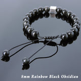 Men's Women Black Obsidian Adjustable Braided Bracelet 925 Sterling Silver Cube Bead DiyNotion BR808