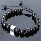Men's Women Black Obsidian Adjustable Braided Bracelet 925 Sterling Silver Cube Bead DiyNotion BR808