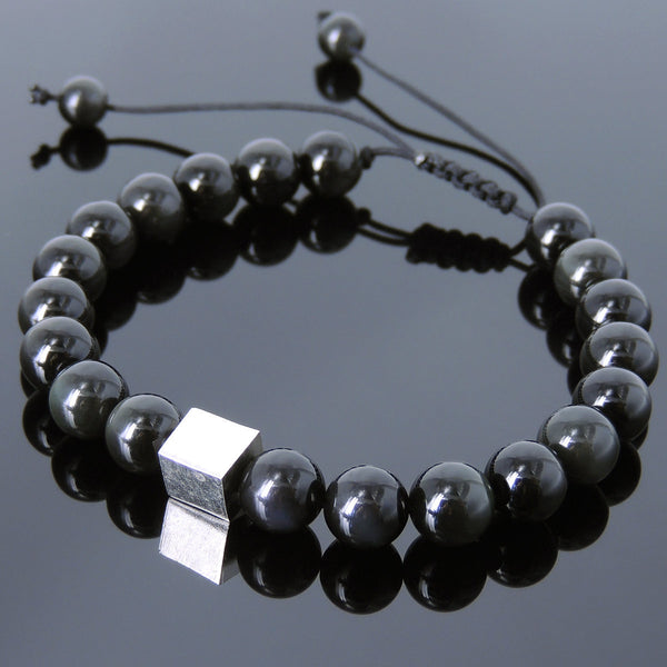 Men's Women Black Obsidian Adjustable Braided Bracelet 925 Sterling Silver Cube Bead DiyNotion BR808