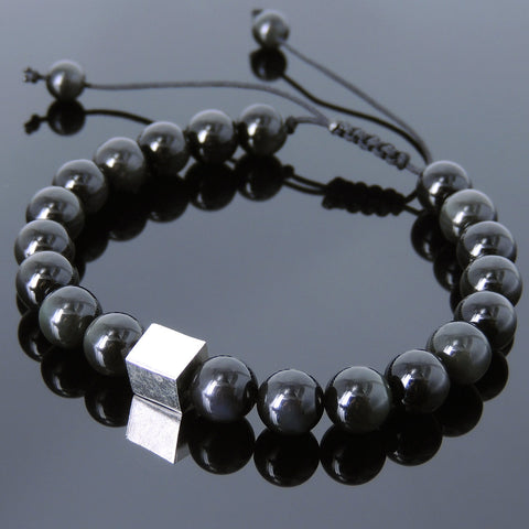 Men's Women Black Obsidian Adjustable Braided Bracelet 925 Sterling Silver Cube Bead DiyNotion BR808