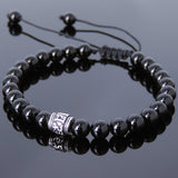 Men's Women Bright Black Onyx Adjustable Braided Bracelet 925 Sterling Silver OM Buddhism Bead DiyNotion BR818