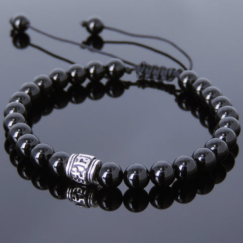 Men's Women Bright Black Onyx Adjustable Braided Bracelet 925 Sterling Silver OM Buddhism Bead DiyNotion BR818
