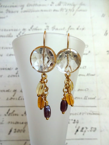Vintage Clear Glass Button Earrings, Gold Luster, Amber German Beads, Gold Filled Ear Wires, Boho Earrings, Antique Buttons, CGE193