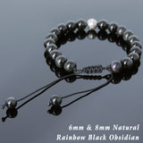 Men's Women Black Obsidian Adjustable Braided Bracelet 925 Sterling Silver Round Bead DiyNotion BR826