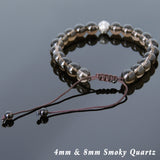 Men's Women Smoky Quartz Adjustable Braided Bracelet 925 Sterling Silver Cube Bead DiyNotion BR827