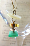 Vintage MOP Button Earrings, White Mother of Pearl Buttons, Antique Brass Ear Wires, Green Pyramid Bead, Gold Bead, Funky Earrings, MPE194