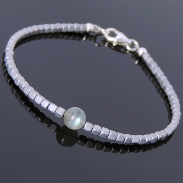 Men's Women Matte Hematite Labradorite 925 Sterling Silver Bracelet 2mm Cube Beads Gemstone DiyNotion Handmade BR720