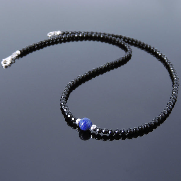 Men's Women Bright Black Onyx Lapis Sterling Silver Necklace Gemstone Beads Clasp DiyNotion Handmade NK116