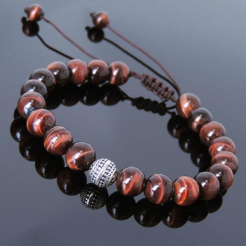 Men's Women Red Tiger Eye Adjustable Braided Bracelet 925 Sterling Silver Bead DiyNotion BR825