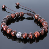 Men's Women Red Tiger Eye Adjustable Braided Bracelet 925 Sterling Silver Bead DiyNotion BR825