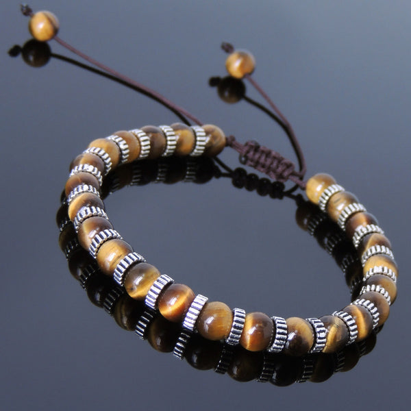 Men's Women Brown Tiger Eye Adjustable Braided Bracelet 925 Sterling Silver Spacers DiyNotion BR852