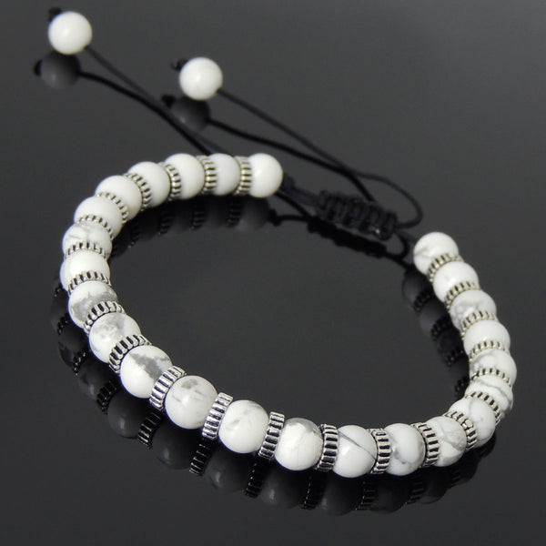 Men's Women White Howlite Adjustable Braided Bracelet 925 Sterling Silver Spacers DiyNotion BR855