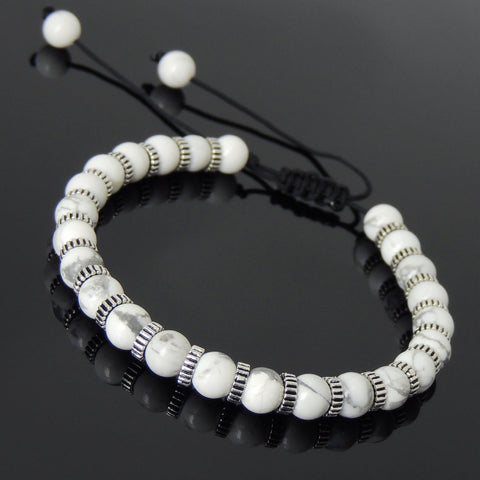 Men's Women White Howlite Adjustable Braided Bracelet 925 Sterling Silver Spacers DiyNotion BR855